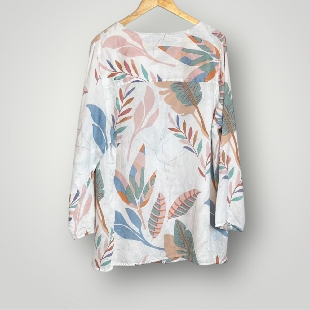 Cynthia Rowley Linen Floral Top Size 2X Roll Tab Sleeve Tunic Shell Buttons - Picture 4 of 7